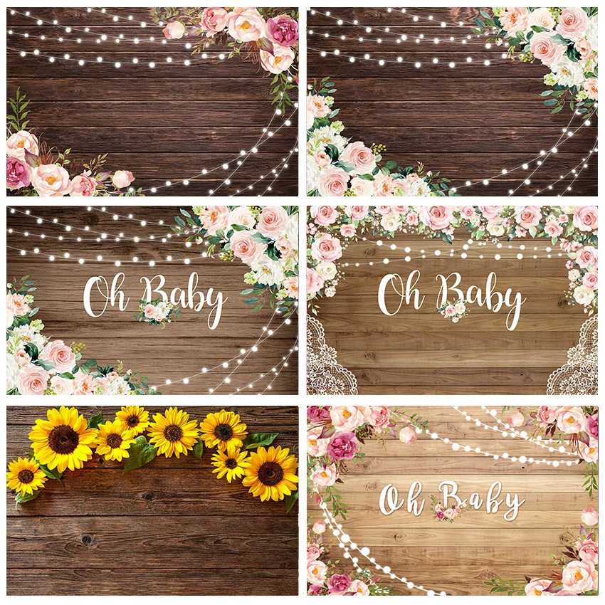 

Mocsicka Oh Baby Photography Background Flowers Wood Board Lighting Decoration Props Newborn Baby Shower Photo Backdrop Banner