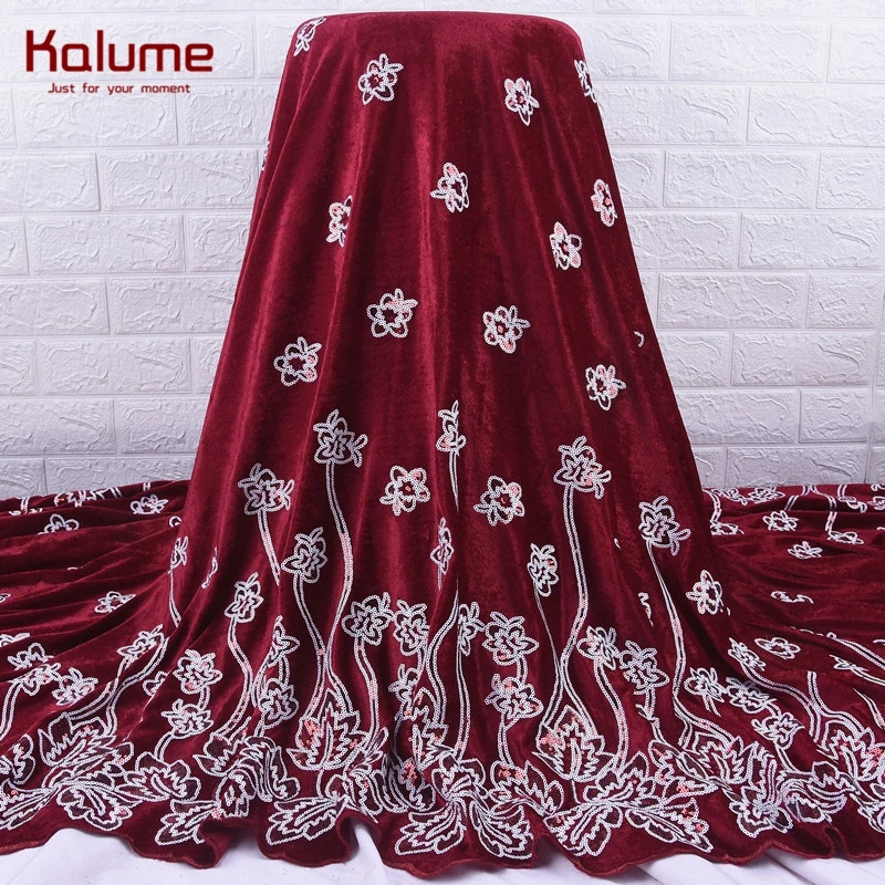 Kalume Velvet African Lace Fabric With Sequins Red French Embroidery Nigerian Velvet Lace Fabric For Wedding Party Sequins 2014