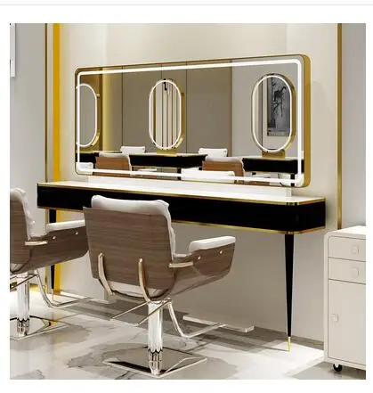 

Barber shop mirror salon special hair cutting mirror with lamp marble mirror table