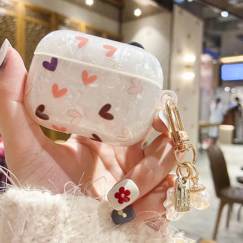 かわいい高級ハートシェルパターンtpuイヤホンapple airpods 1 2プロ3ボックスbluetoothヘッドセットカバー真珠キーホルダー