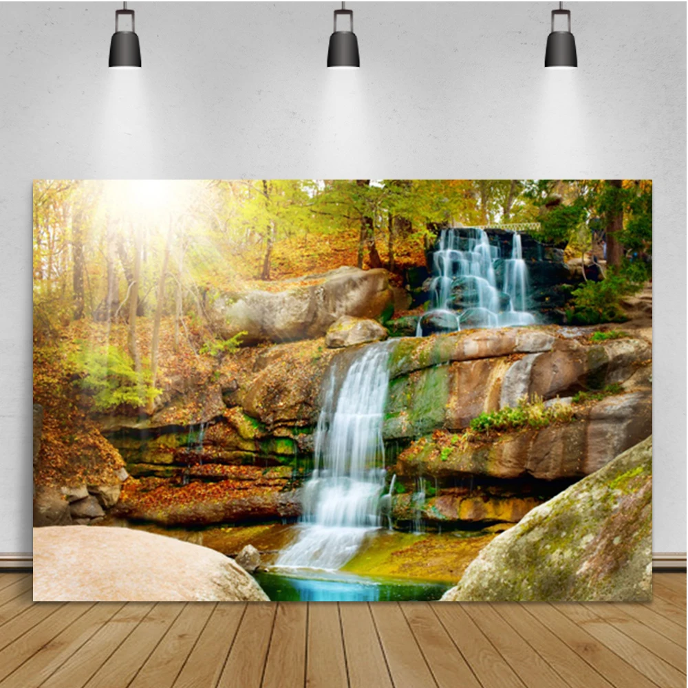 Summer Natural Scenery Backdrop Waterfall Flowers Trees Lake  Landscape Decor Photography Background Portrait Photophone Props