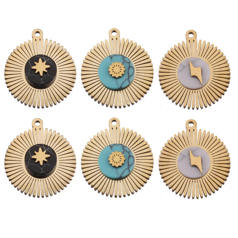 5pcs Sun Flower Natural Stone and Stainless Steel Gold Charms Lightning Pendants DIY Connection Earring Necklaces Jewelry Making