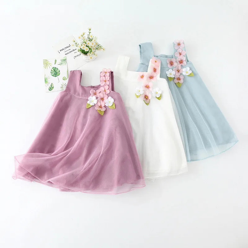 2024 Summer 2 3 4 6 8 12 Years Children Birthday Wedding Solid Color Flower Decoration Princess Sleeveless Kids Girl Party Dress