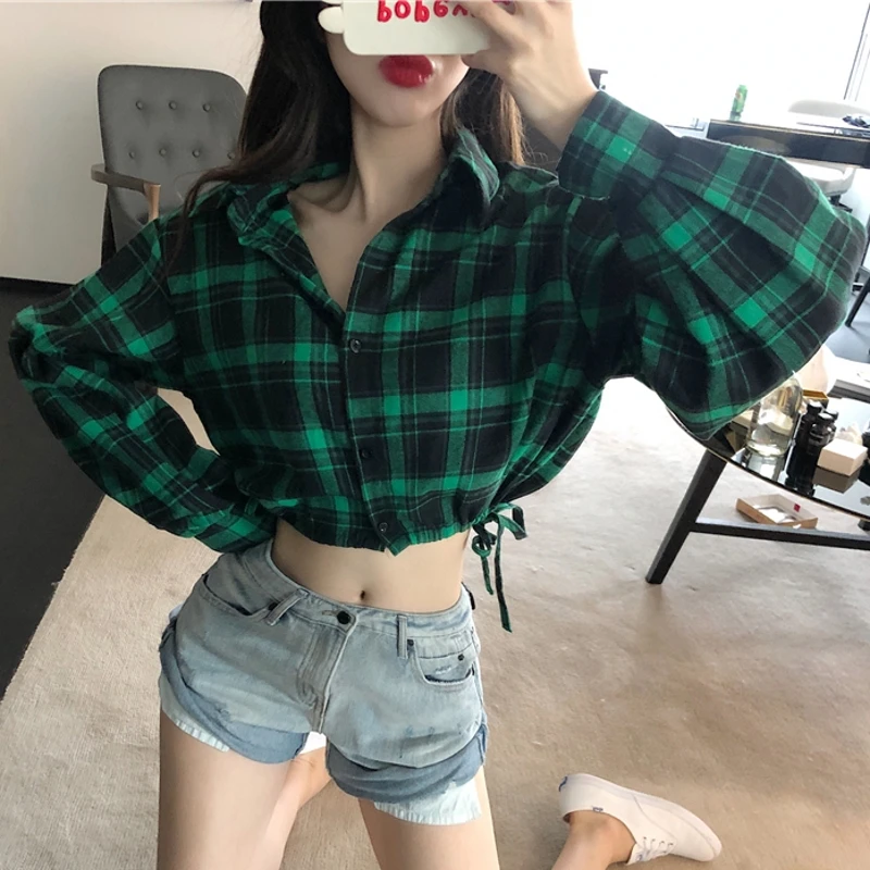 Crop Shirts Women Turn-down Collar Designer Plaid Shirring All-match Streetwear Korean Style Simple Leisure Tops Lantern Sleeve