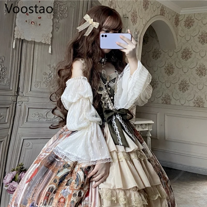 Vintage Victorian Elegant Lolita Princess Jsk Dress Women Sweet Lace Bow Sleeveless Party Dresses Girls Chic Wedding Vestidos