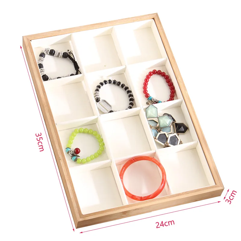 Luxruy PU Leather Bamboo Gift Jewelry Display Box Necklace Bracelet Bangle Rings Earrings Display Jewelry Showcase Storage Tray