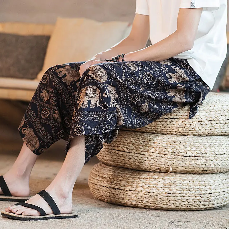 Men Harajuku Harem Pants Summer Cotton Linen Joggers Trousers Male Vintage Ethnic Thailand Nepal Bali Style Sweatpants Plus Size