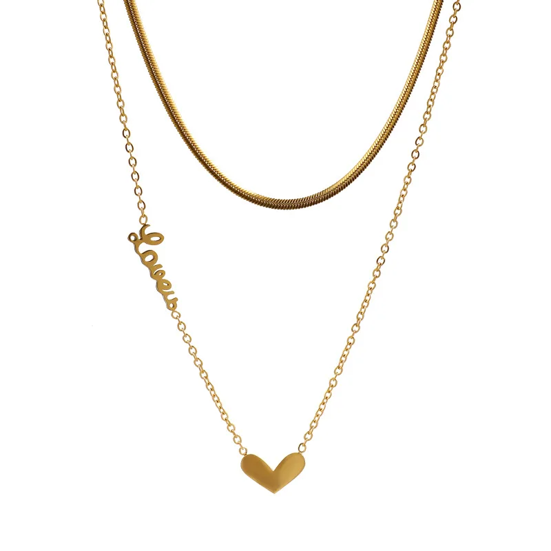 Elegant 18 K Gold Color Double Layer Heart Pendant Necklace Snake Choker for Female Fashion Stainless Steel Woman Gift Washable