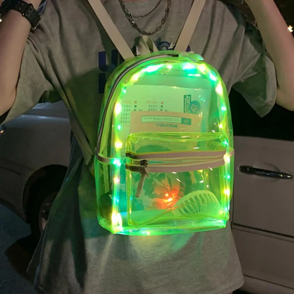 Mochila de PVC transparente com luzes LED, Clear Schoolbag para meninos e meninas, Luminous Night Bag, Outdoor Travel Bag, legal