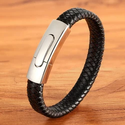 XQNI Hand-woven Leather Bracelet Multi-color Accessories Combined Stainless Steel Button Men's Leather Bangles Jewelry Gifts
