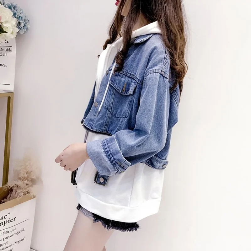 

Casual Women Streetwear Two Piece Hoody Denim Jacket Fashion Boyfriend Cowboy Coat Female Fashion Designer Hip Hop Jeans Jacket