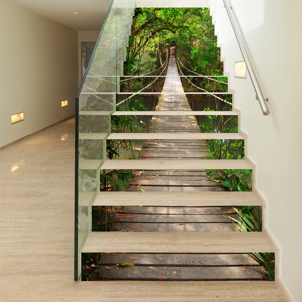 Jungle Suspension Bridge PVC Stairs Sticker Peel & Stick Wall Sticker For House Decorationcover Cover Up The Flaws In The Stairs