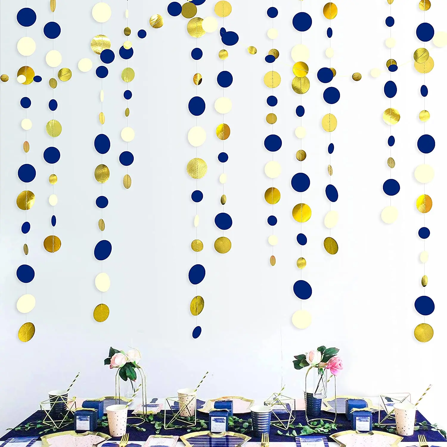 

11 Ft Navy Blue Gold Beige Paper Circle Dots Garland Hanging Paper Polka Dot Streamer Royal Blue Birthday Baby Shower Decoration