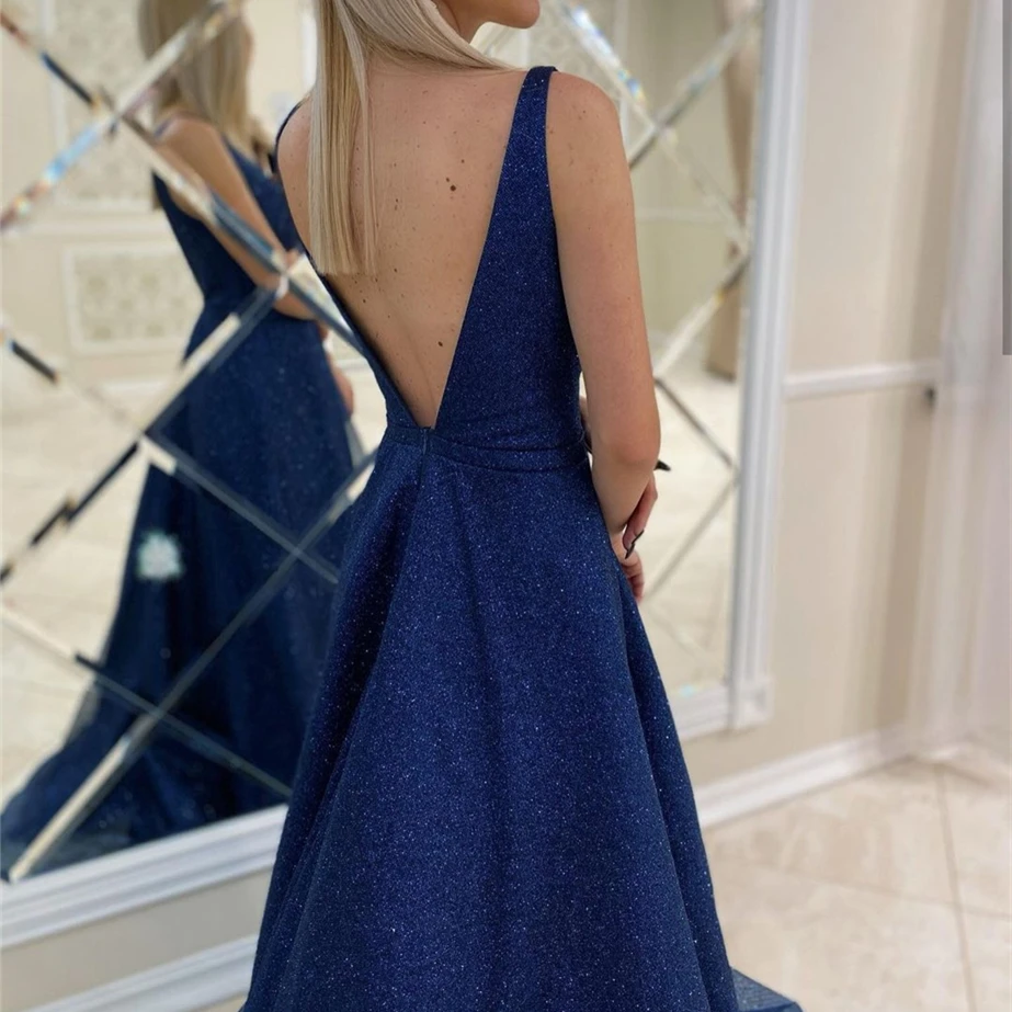 Sparkle Blue Evening Dresses A-Line V-Neck Tank Backless Floor Length Court Train Formal Party Prom Gown Custom Made 2023