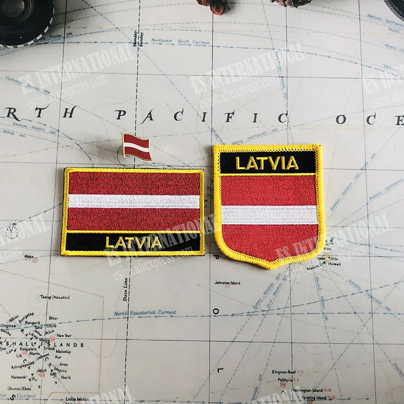 LATVIA  National Flag Embroidery Patches Badge Shield And Square Shape Pin One Set On The Cloth Armband   Backpack  Decoration