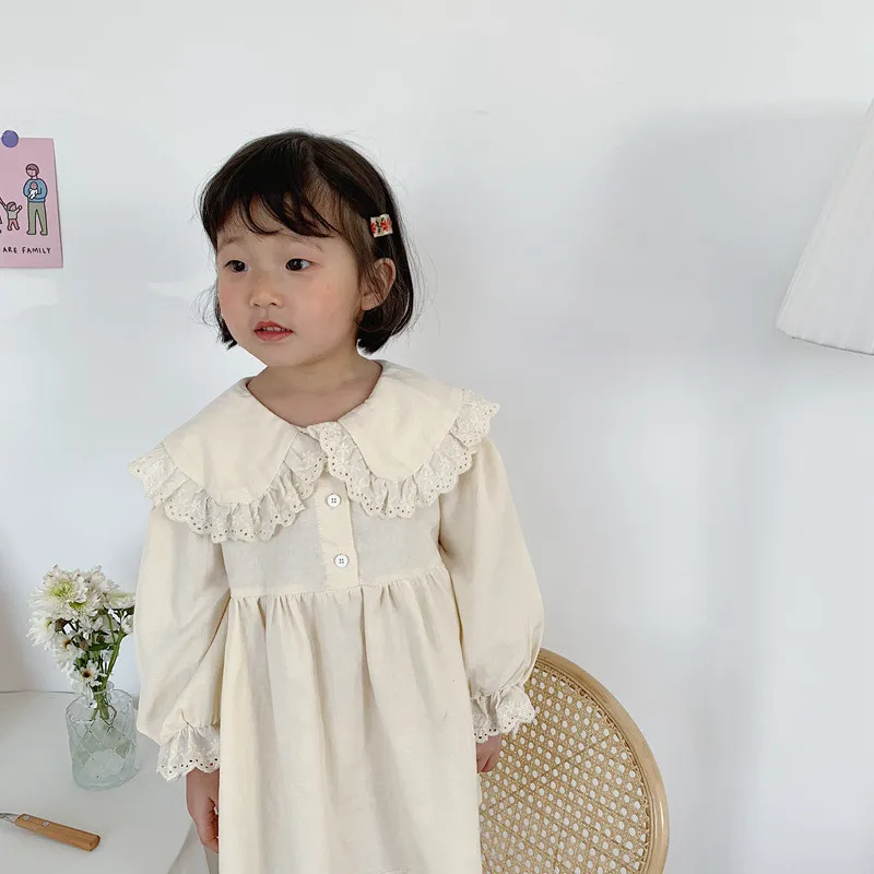 Summer Girls cute big turn-down collar princess dresses spring lace patchwork baby girl 2 colori abito in cotone sciolto