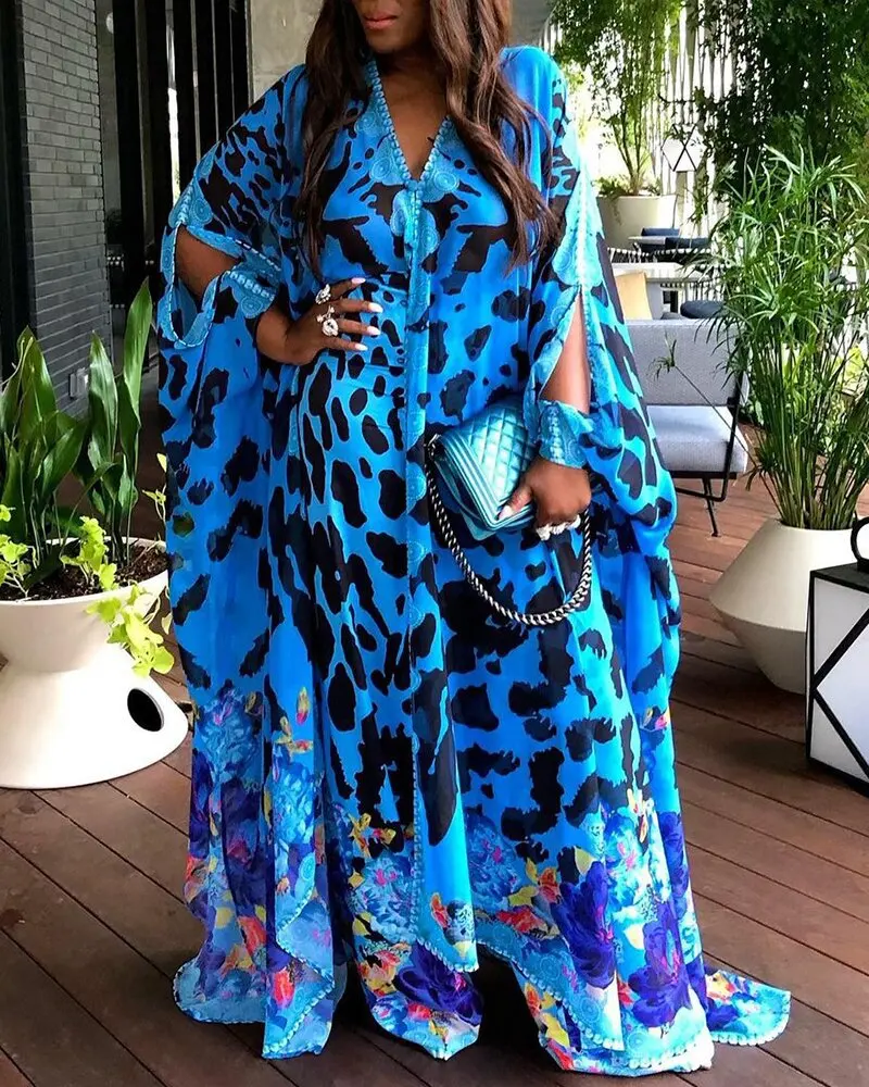 2021 afrykański nadruk ubrania Dashiki Africain Boubou Femme sukienka damska Plus Size rękaw w kształcie skrzydła nietoperza Ankara sukienki