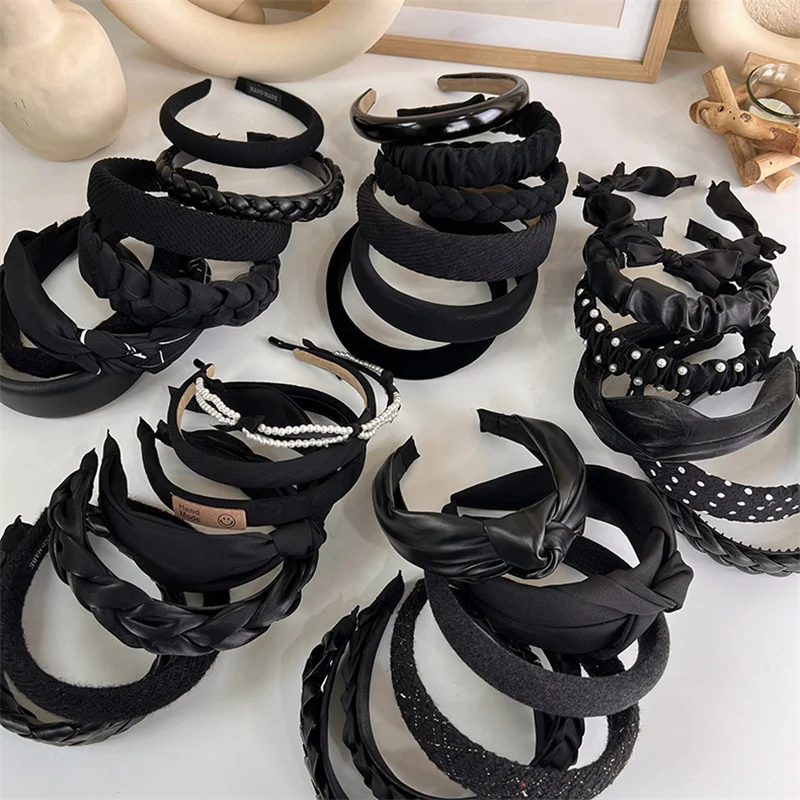 Winter Solid Velvet Bezel Women Girl Broadside Hair Bands  Pearl Cross Headband Hair Hoop Fashion Black Leather Braided Hairband