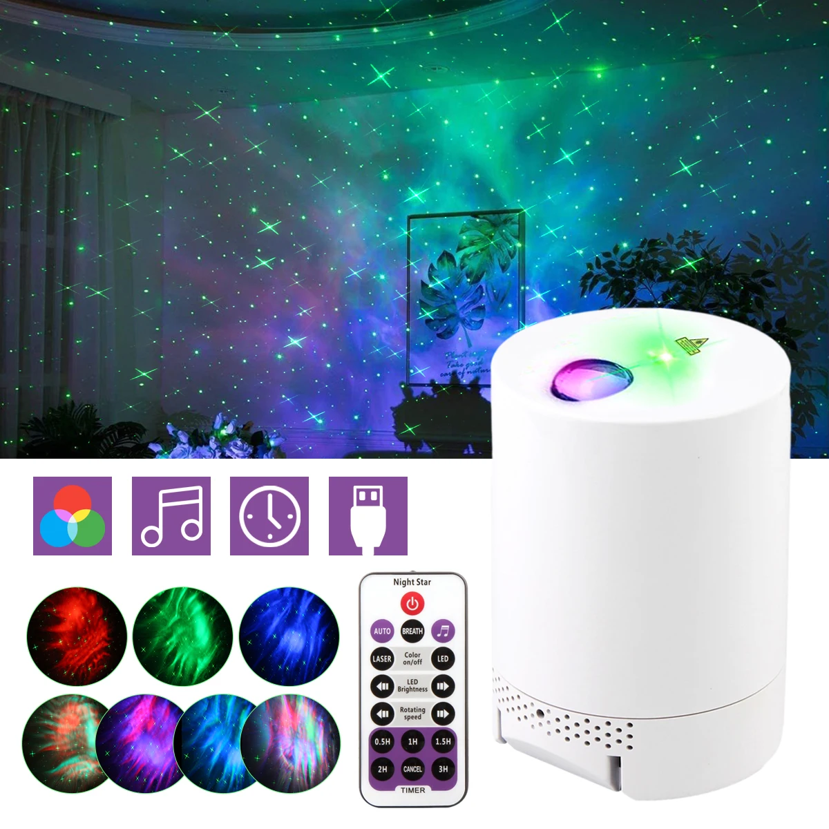 USB Night Light Starry Sky Projector Water Wave Lamp LED Star Music Rotating Remote Control Bluetooth Bedroom Bedside Lamp