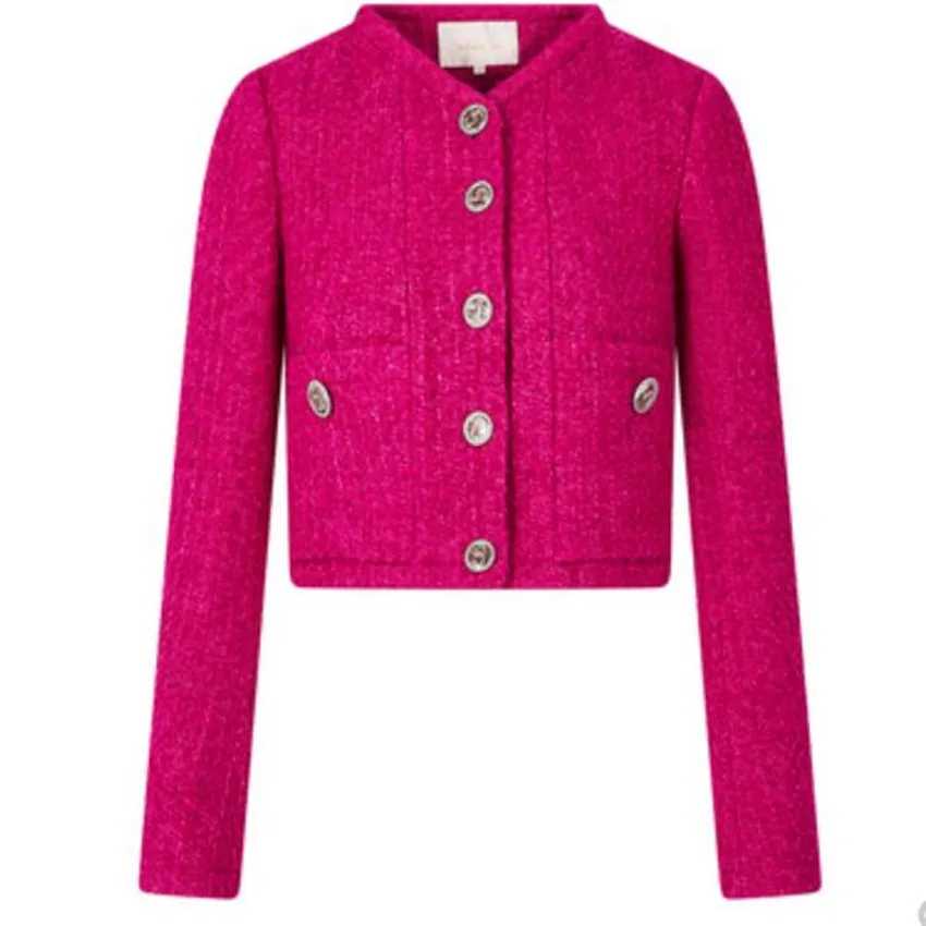 single-breasted woven wool tweed short jacket women spring retro round neck temperament outwear