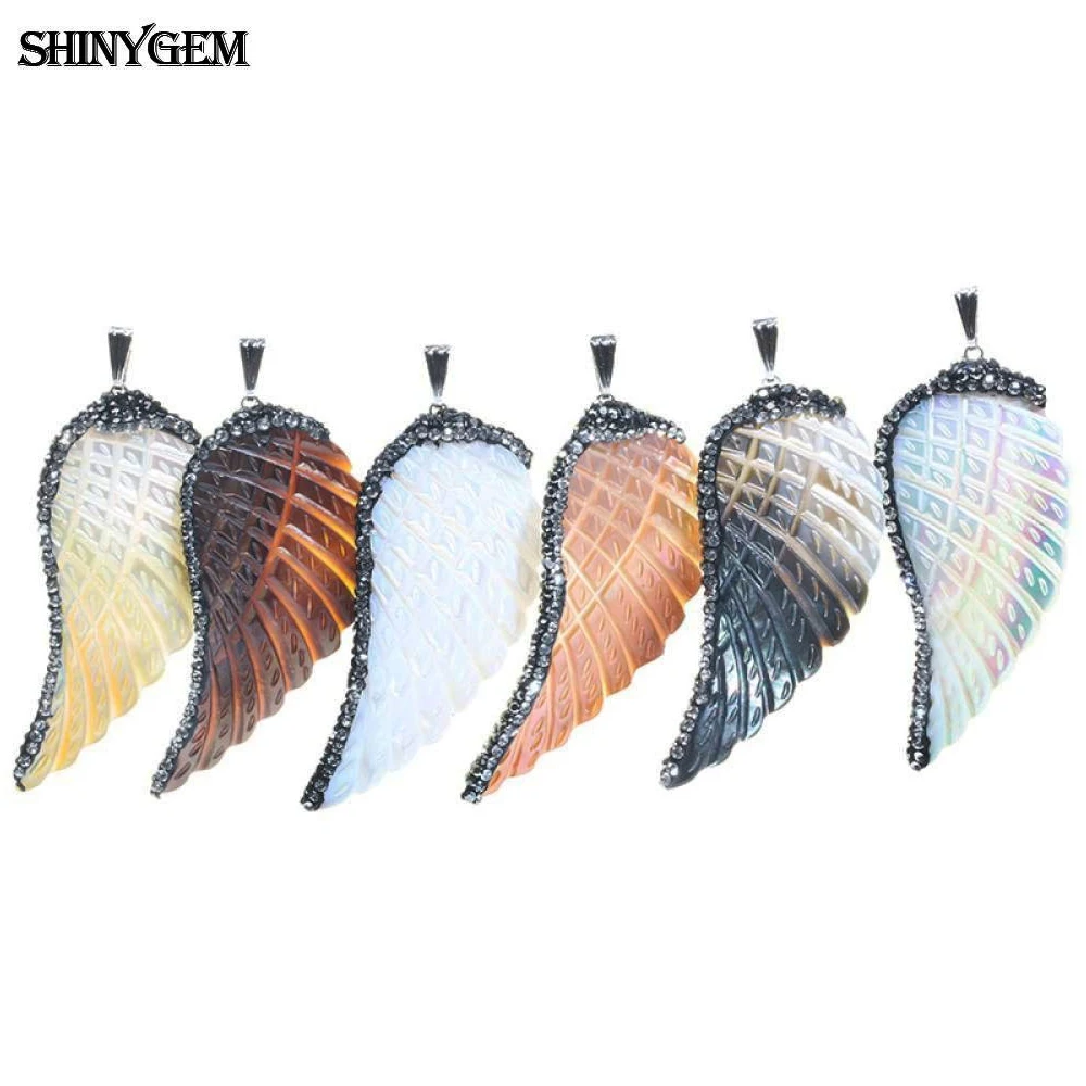 ShinyGem 5PCS Natural Pattern Shell Charms Inlay Zircon Brown Simulate Dragon Angel Wing  Pendants For DIY Jewelry Making