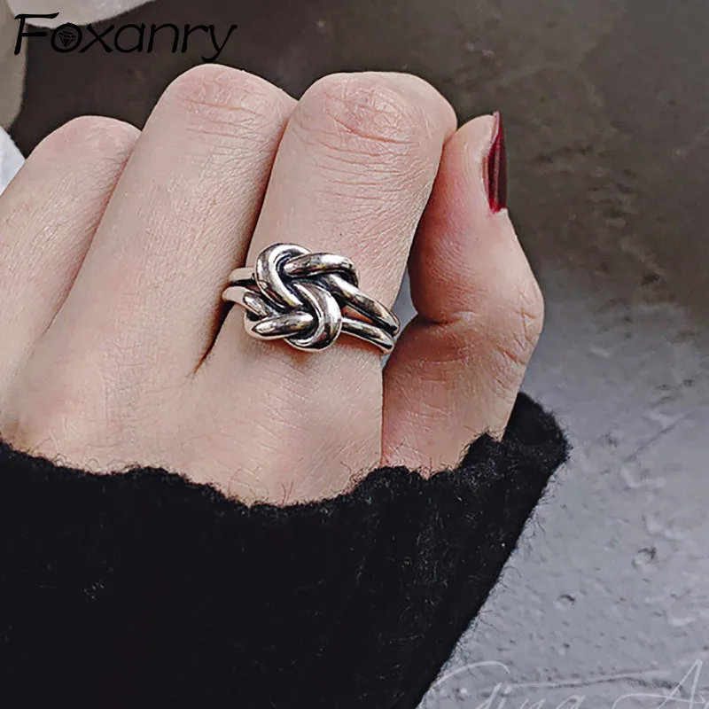 Foxanry Minimalist Silver Color Rings for Women Fashion Vintage Handmade Knotted Geometric Birthday Party Jewelry Gifts