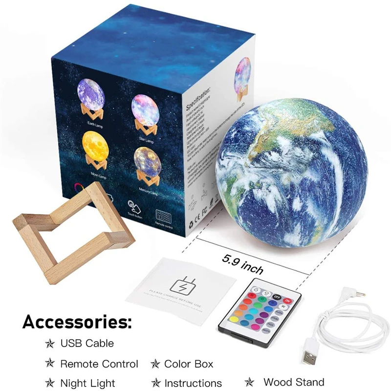 3D Earth Lamp Night Light Galaxy Lamp 15CM 16 Colors LED 3D Earth Light Change Touch And Remote Control Galaxy Light For Gifts