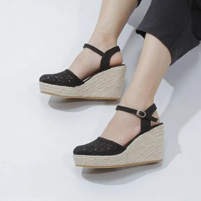 Summer  New Hollow Straw Heel Linen Bottom Wedges Sandals Hemp High Heels Women\'s Shoes