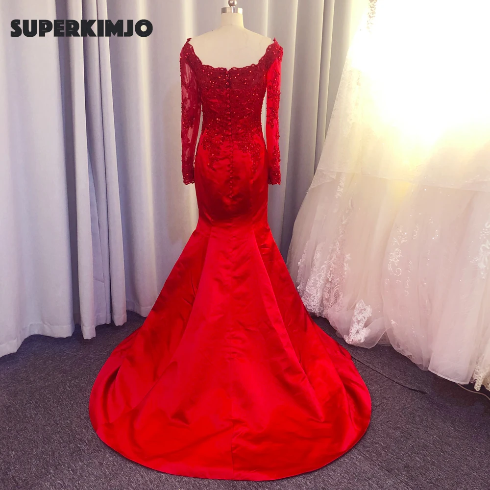 Real prom-Vestidos de Fiesta rojo, manga larga, Apliques de encaje, perlas, sirena, satén, vestidos de noche, 2020