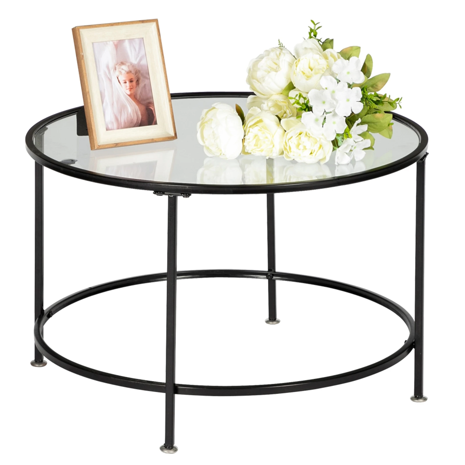 Artisasset 2 Layers 5mm Thick Tempered Glass Countertops Round Wrought Iron Coffee Table Black End Table Side Table