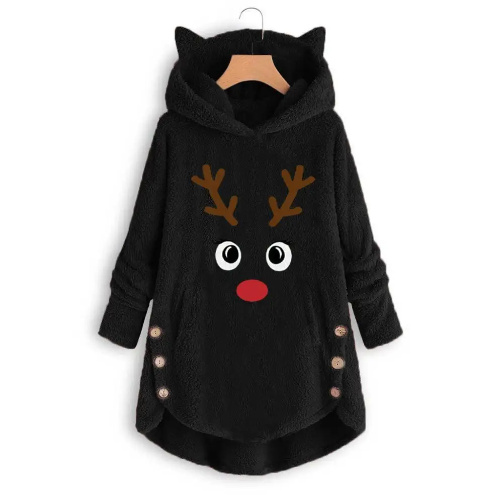 New Fashion Women Printed Cat Ears Hooded Large Size Long Sleeve Button Sweater Warm Pullover Christmas Casual Tops Sweaters