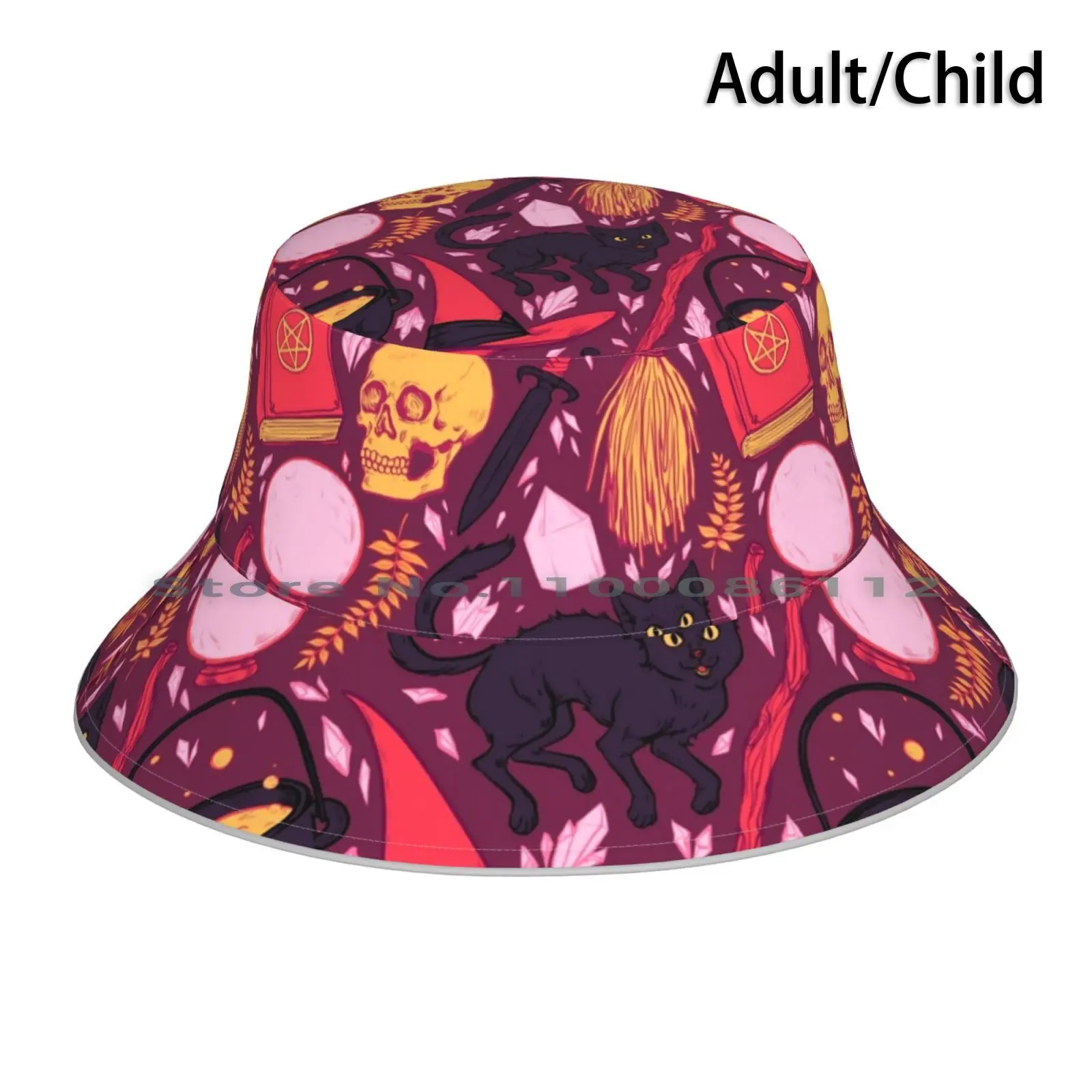 Witch Supplies In Wine Bucket Hat Sun Cap Black Magic Crystal Halloween Spooky Kawaii Cute Black Cat Pagan Horror Haunted Spell