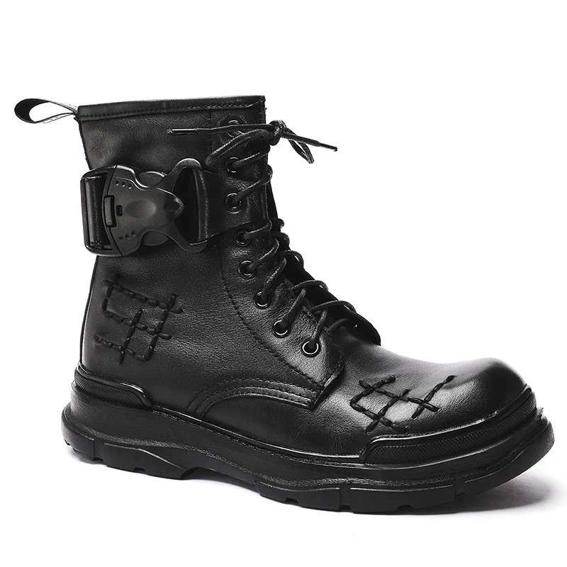 Genuine Leather Motorcycle Boots Combat Boots Ankle Boots Gothic Skull Punk Boots Men Fashion Boots Moto Riding Boot Male Winter