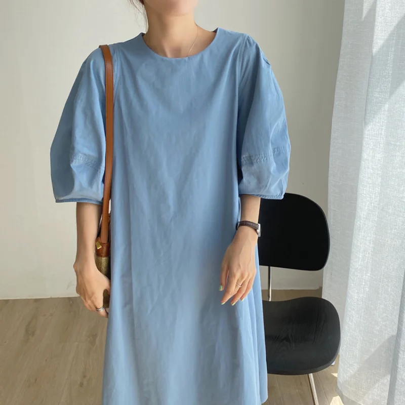 Vestido Beige largo y sencillo para mujer, ropa Vintage de manga abombada, holgada, para verano, novedad de 2024