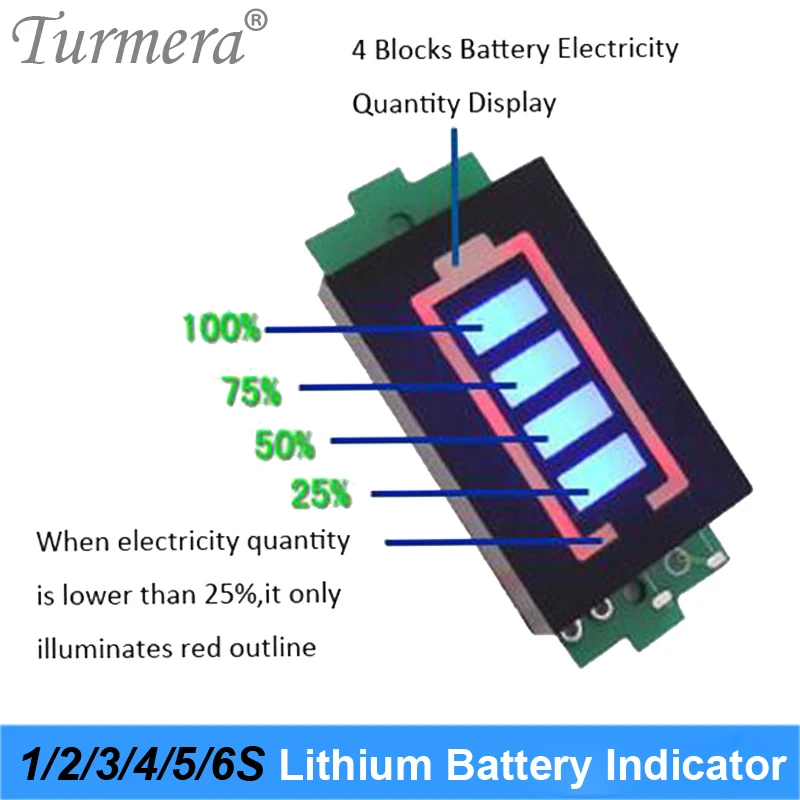 Turmera wskaźnik poziomu baterii wyświetlacz LED 1S 4.2V 2S 8.4V 3S 10.8V 4S 14.4V 5S 18V 6S 25V 12V 24V 36V 48V do wiertarek śrubokrętowych