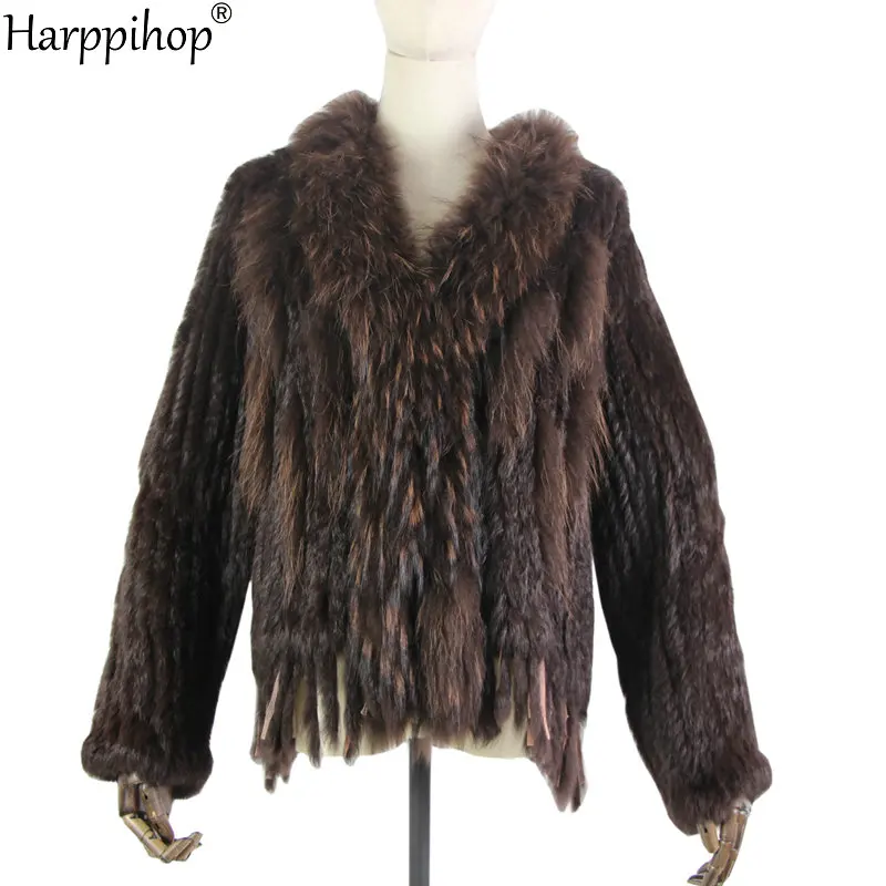 The new Genuine Knitted Women Rabbit Raccoon Fur collar Coat Jacket Trench Outwear Parka fur coats with tassels 18 color