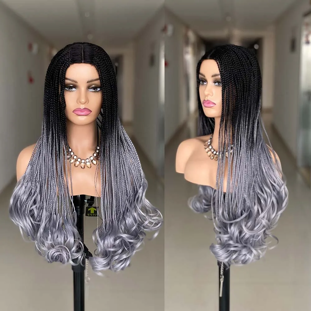 New Wavy Weave Long Braided Wigs Synthetic Box Braid Wig For Black Women Ombre Grey Color 26'' 3X Twist Braiding Hair Wig