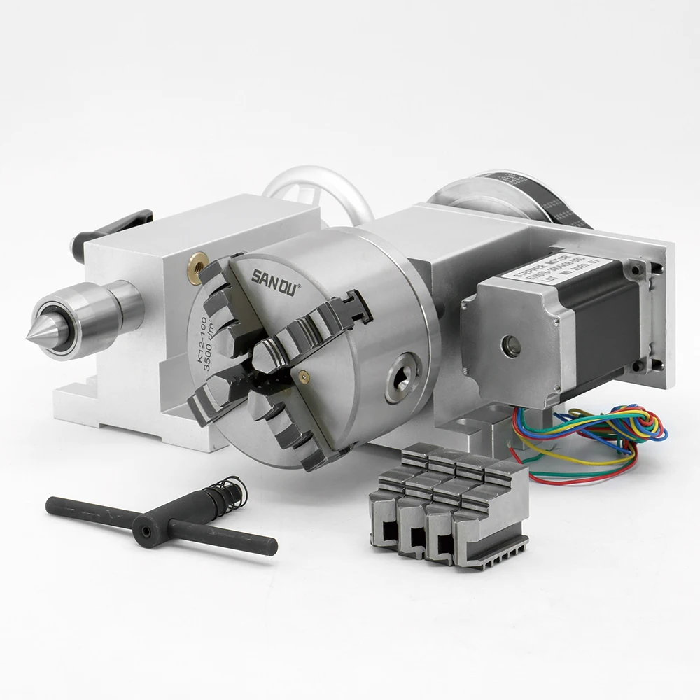 CNC 4th axis K12-100mm 4 jaws chuck with Nema23 2Nm stepper motor  belt pulley 6:1 ratio + MT2 Tailstock for CNC