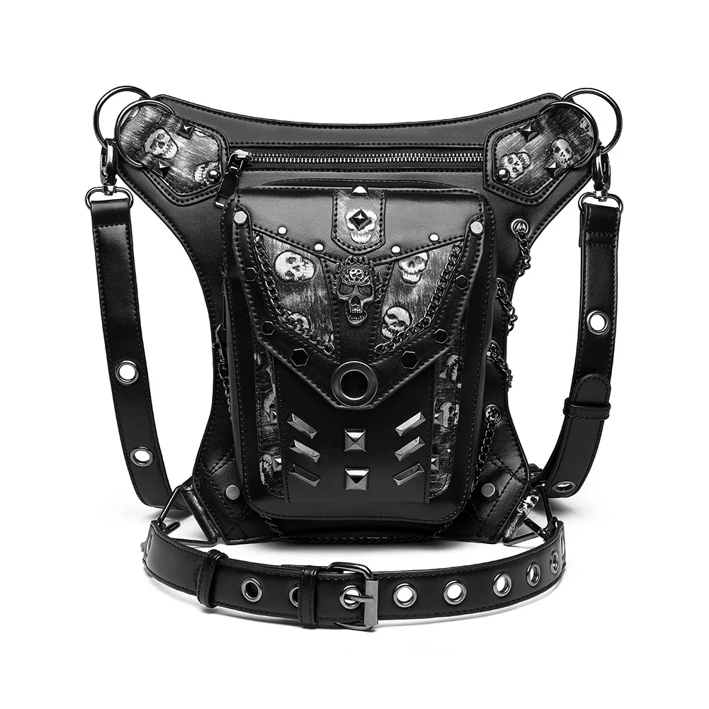 New Punk Rock Motorcycle Bag For Women Steampunk Motor Biker Chain Leg Waistbag Men Skull Rivet Shoulder Messenger Purses Unisex