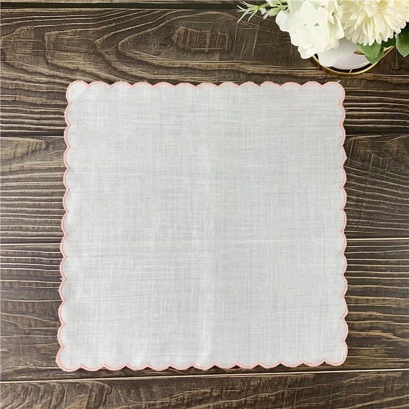 Set of 12 Home Textiles Wedding Handkerchiefs Ladies Handkerchief 100% Linen Color embroidered Scalloped Edge Hankies 30*30 CM