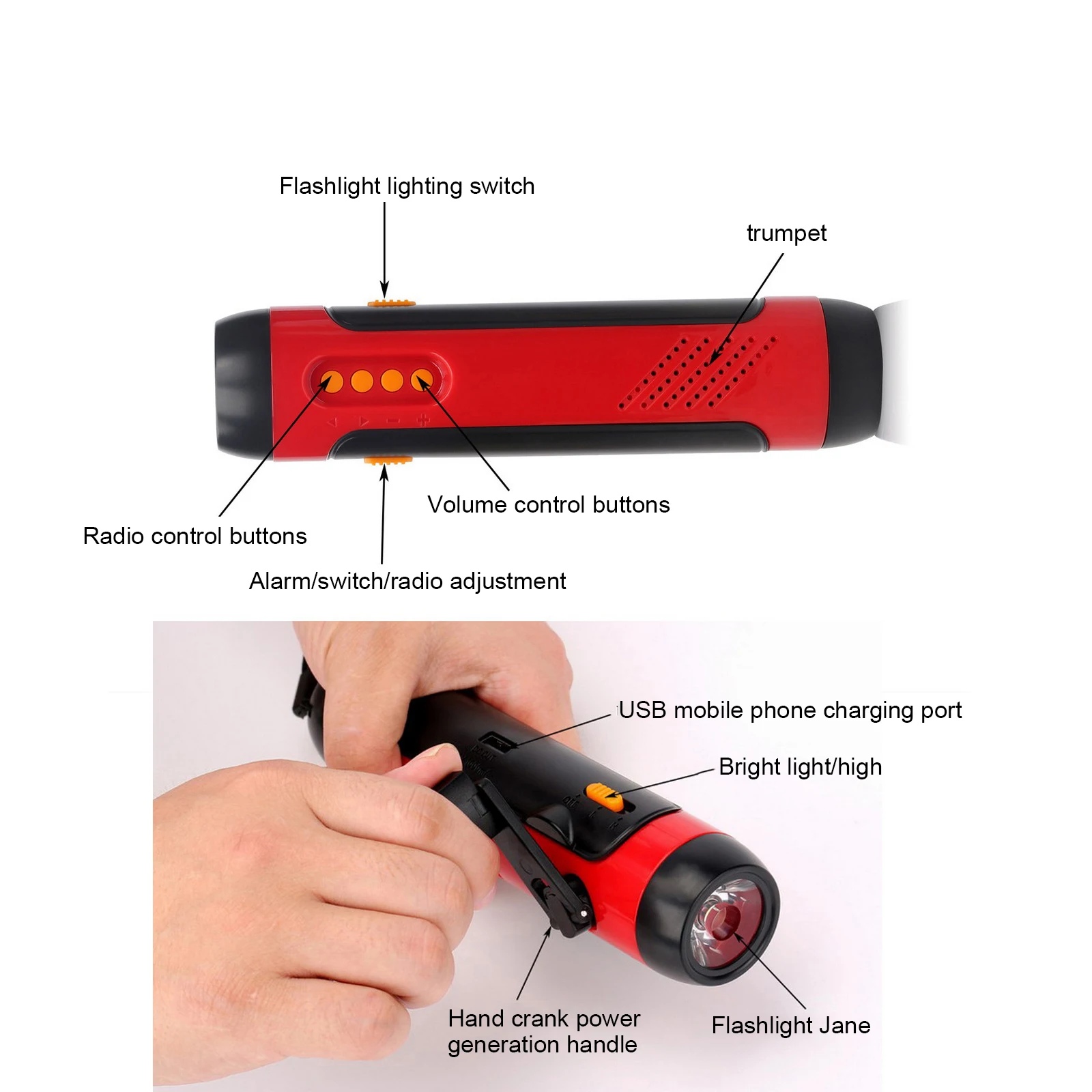 LED Flashlight Outdoor Emergency Flashlight Voice Alarm FM Radio Torches Hand-Cranked Generator Power Flashlight