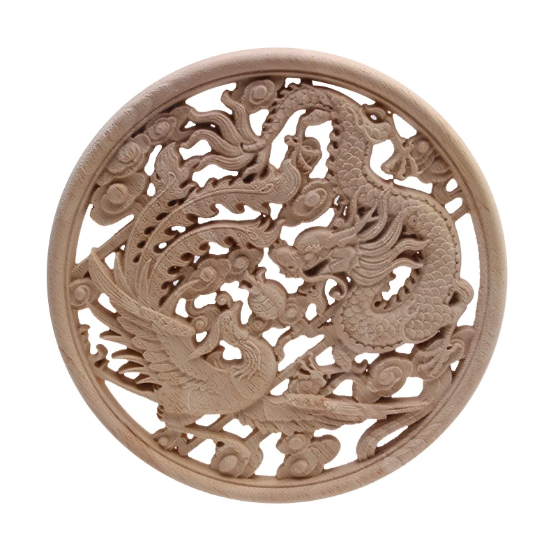 European Decorative New Solid Wood Dragon and Phoenix Round Flower Factory Direct-Selling Carved Decorative Furniture Wood Decal