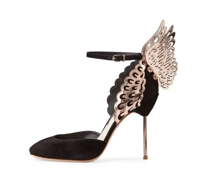 

Elegant Black Woman Pointed Toe Butterfly Pumps Gold Wing Wedding Shoes Women Buckle Strap Luxury Design Ladies Shoes Party