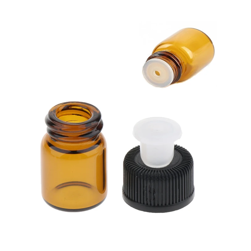 10 Stück Glasflaschen, 1 ml, 2 ml, 2,5 ml, 5 ml, bernsteinfarbene Glasfläschchen, Mini-Flaschen für ätherische Öle mit Öffnungsreduzierer und schwarzem Kunststoffverschluss – Detail 1