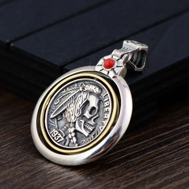 BOCAI Real S925 Silver Jewelry Retro Copper Inlaid Craftsmanship 2021 T Punk Style Double-sided Skull Head Men's Pendant