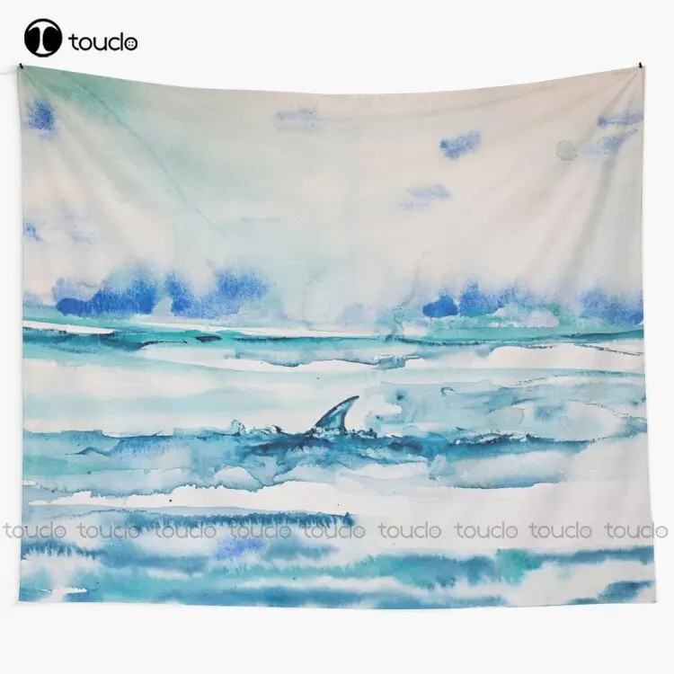 Shark Fin Fine Art Watercolor Aquarel Tapestry Tapestry Prints Blanket Tapestry Bedroom Bedspread Decoration Art Home Decoration