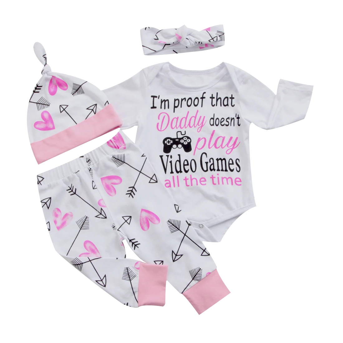 4PCS Newborn Toddler Kids Baby Girl Clothes Set Letter Printed Top Romper Long Pants Hat Outfits Clothing 0-24M