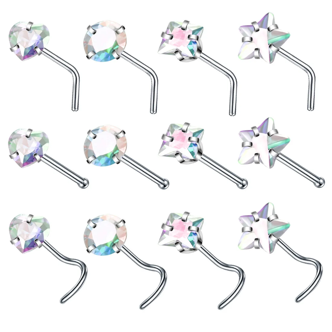 Crystal L Shape Nose Stud Set Stainless Steel