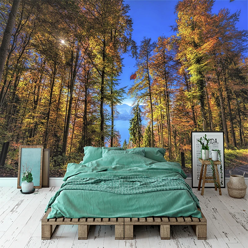 Custom 3D ภาพจิตรกรรมฝาผนัง Maple Forest Fallen Leaves วอลล์เปเปอร์สําหรับผนังตกแต่งห้องนั่งเล่นสติ๊กเกอร์ติดผนังพื้นหลังกระดาษไม่ทอ