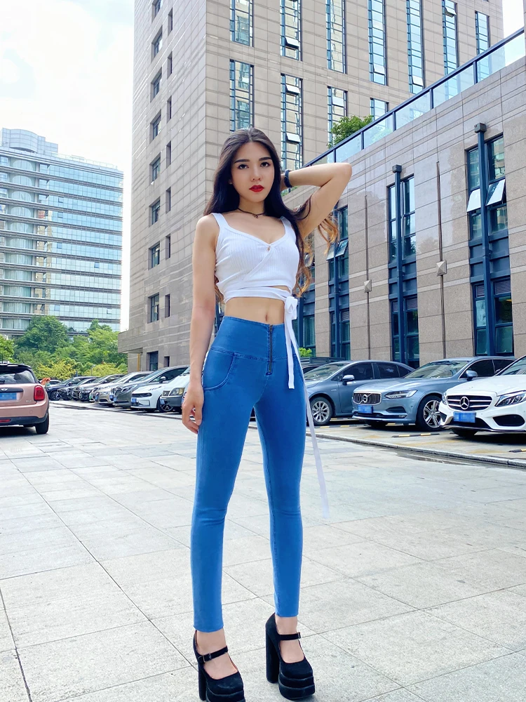 Shascullfites Melody High Waisted Trousers Women Skinny Blue Elastic Slim Pencil Pants Butt Lift Jeans Denim Trousers